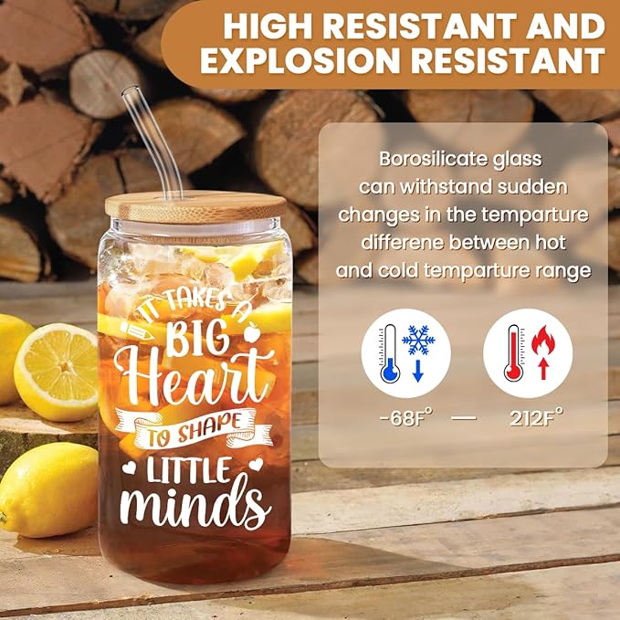 SANDJEST Teacher Gifts for Women - 16 Oz Can Glass Coffee Cup with Straws - Teacher Appreciation Gift for Women on Birthday Back To School