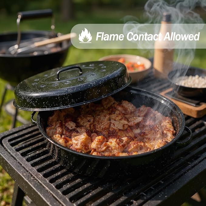 Turkey Roaster Pan 18in Roasting Pan With Lid Enamel Carbon Steel Roaster Pot with 16in Inner Diameter,18 Pound Large Capacity High Temperature Resistance Oval Cookware