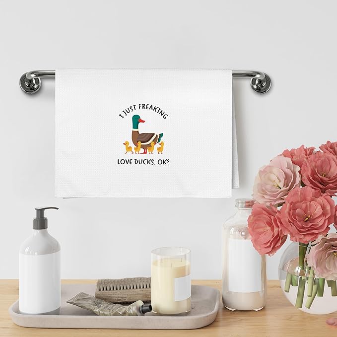 Funny Mallard Duck Bathroom Hand Towels Gifts, Woodsy Duck Bathroom Decor for Home, Cute I Just Freaking Love Ducks Accessories Dish Hand Tea Kitchen Towels for Kitchen, 16x24Inch