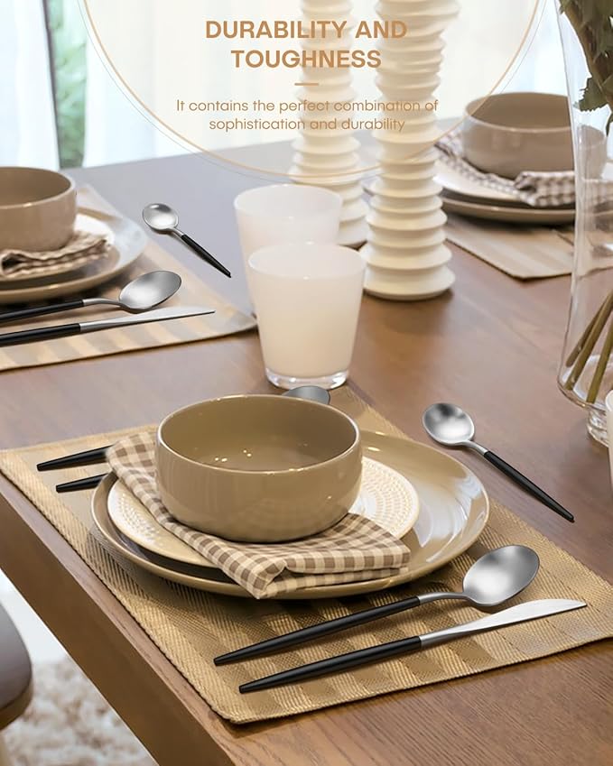 Silverware set for 6,Ollex 30-Piece Black and Silver Silverware Set include Knives Forks Spoons Matte Flatware Set Food-Grade Stainless Modern Utensil Cutlery Set with Stain Finished,Dishwasher Safe