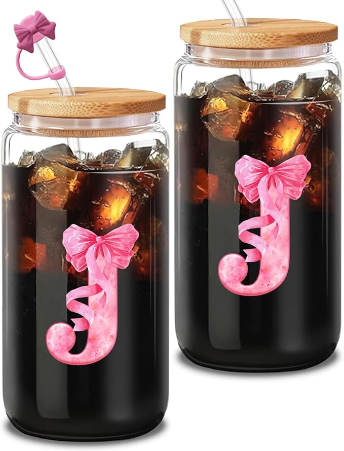 Aesthetic Gifts for Women, Initial J Tumbler 16oz Pink Glass Cup with Lid Straw - Cute Coffee Bar Accessories with Cleaning Brush & Gift Box (J)