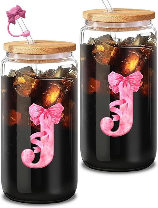 Aesthetic Gifts for Women, Initial J Tumbler 16oz Pink Glass Cup with Lid Straw - Cute Coffee Bar Accessories with Cleaning Brush & Gift Box (J)