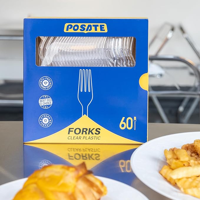 POSATE Heavy Duty Plastic Forks, Clear Disposable, Pack of 60