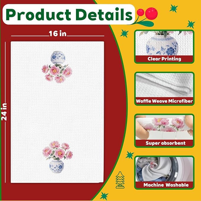 Blue and White Chinoiserie Kitchen Towels,Floral Hydrangea Fingertip Decor Hand Towels for Bathroom Clearance,Waffle Farmhouse Porcelain Decor for High End Hostess Gifts-A09