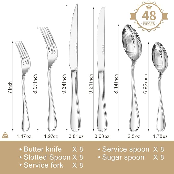 KINGSTONE 48 Piece Teardrop Silverware Set with Steak Knives, 18/10 Stainless Steel Flatware Set for 8, Modern Design Cutlery Set for Home/Hotel/Wedding,Mirror Polished and Dishwasher Safe