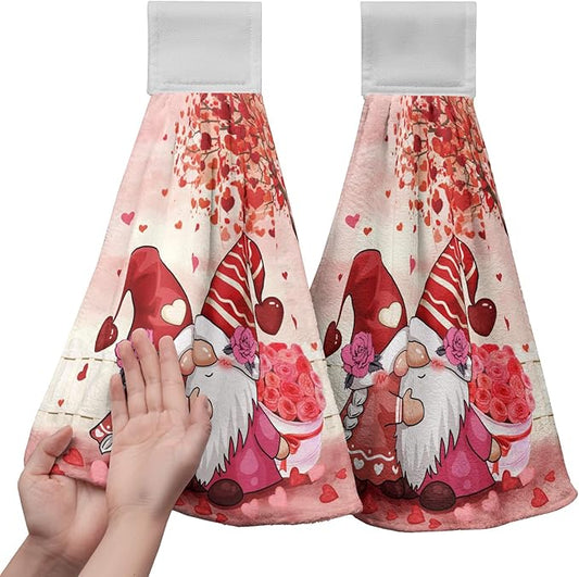 Valentines Gnome Kiss Bathroom Hand Towels with Loop Set of 2 Pink Hearts Rose Hanging Dish Kitchen Towels 17 x 12 inch Soft Absorbent Sweet Love Tie Towel Dishcloths for Washroom Bathroom Kitchen
