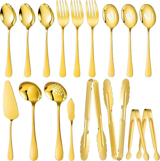MWELLEWM 17Pcs Serving Utensils, Gold Stainless Steel Large Serving Spoons, Slotted Spoon, Fork, Tongs, Cake Pie Server, Soup Spoon, Metal Buffet Banquet Cutlery Set for Parties Entertaining Catering