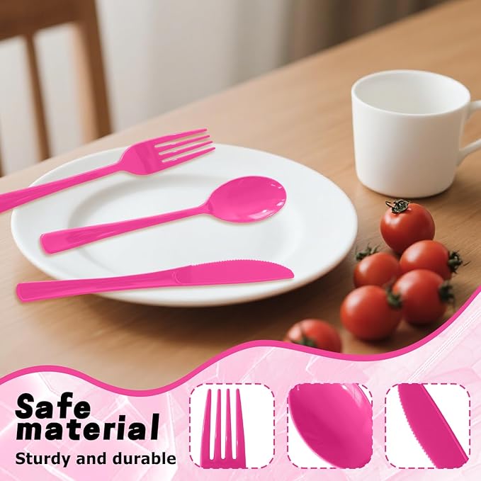 300 Pack Disposable Plastic Silverware, Heavy Duty Hot Pink Plastic Cutlery Set Includes 100 Forks 100 Knives 100 Spoons for Birthday Wedding Party Picnics (300, Hot Pink)