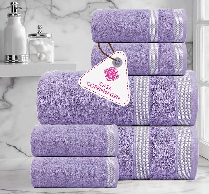 CASA COPENHAGEN Solitaire Designed in Denmark 600 GSM Hotel & Spa Decorative Kitchen & Bathroom Egyptian Cotton 6 Piece Towel Set, Includes 2 Bath Towels 2 Hand Towels 2 Washcloths – Purple Rose