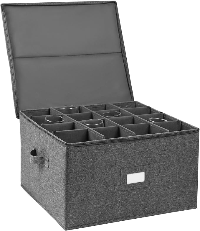 popoly Stemware Storage Cases, Wine Glass Storage Box Containers with Dividers for Glassware or Crystal, Holds 16 Red or White Wine Glasses, Hard Top and Stackable (Grey)