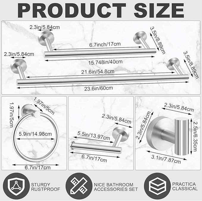 Gisafai 15 Piece Bathroom Hardware Set, 23.6 Inch Brushed Towel Bar Ring Toilet Paper Holder Robe Towel Hook, Sus304 Stainless Steel Bathroom Accessory Set Wall Mounted(Silver)