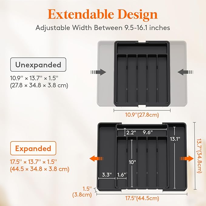Lifewit Silverware Drawer Organizer, Expandable Utensil Tray for Kitchen, BPA Free Flatware and Cutlery Holder, Adjustable Plastic Storage for Spoons Forks Knives, 10.9"-17.5" x 13.7", Black
