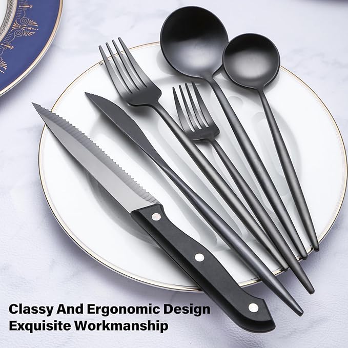 24 Pieces Matte Black Silverware Set with Steak Knife, Stainless Steel Flatware Set for 4, Satin Finish Spoons and Forks Silverware Set, Black Cutlery Utensils Set, Dishwasher Safe