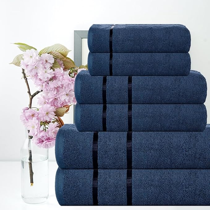 CASA COPENHAGEN Eternal 6 Pieces Towel Set- Navy Blue, 500 GSM 2 Bath Towel 2 Hand Towel 2 Washcloth, Designed in Denmark Made of Soft Egyptian Cotton for Bathroom, Kitchen & Shower