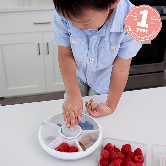 GoBe Kids Small Snack Spinner Flip Bundle with Hand Strap and Sticker Sheet - Reusable Snack Container with 5 Compartment Dispenser and Lid | BPA/PVC Free | Dishwasher Safe | No Spill - Coral Pink