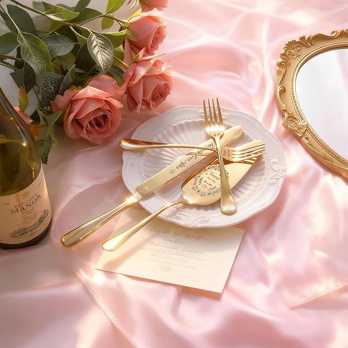 4 Piece Wedding Cake Cutting Set, Knife and Server with Forks, Elegant Wedding Cake Knife and Server Set for Bride and Groom(Gold)