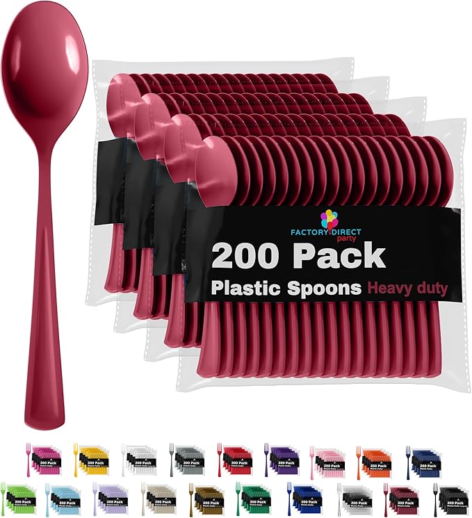 Party Solids Burgundy Plastic Spoons 200 Pcs Burgundy Spoons Disposable Utensils Heavy Duty Plastic Cutlery Set Disposable Cutlery Sets Flatware Sets Silverware Set Party Supplies & Party Tableware