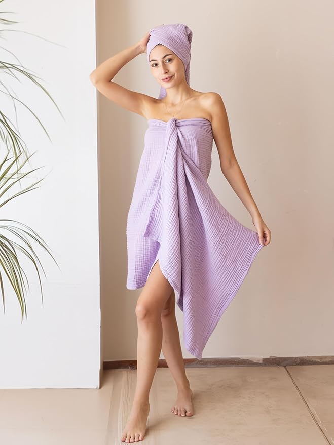 4 Pieces Muslin Towel Set for Bathroom, Luxury 100% Turkish Cotton Thin Soft Quick-Dry Lint-Free Large Size Bath Hand Towel Sets (Lilac, 2 Bath & 2 Hand Towel Set)