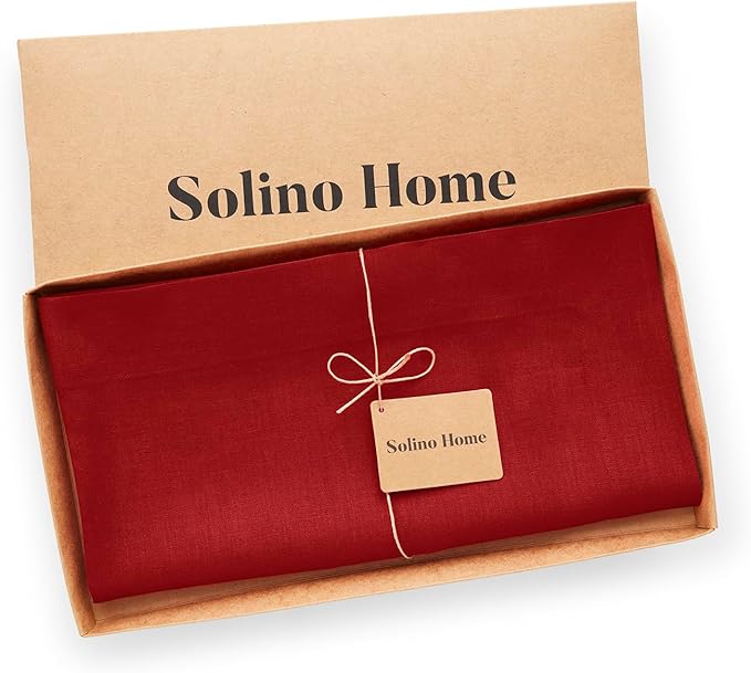 Solino Home Linen Red Square Tablecloth 52 x 52 Inch - 100% Pure Linen Table Throw - Fete, Machine Washable Table Cloth for Valentines, Holiday, Winter, New Year