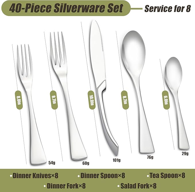 40-Piece Silverware Set for 8, Stainless Steel Flatware Set Food-Grade Silverware Cutlery Set, Include Knife/Fork/Spoon, Mirror Polished, Dishwasher Safe