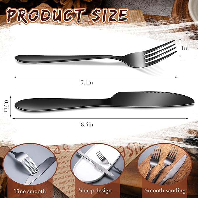 Nuenen 50 Pieces Stainless Steel Forks Silverware Set Dinner Forks and Knives Flatware Tableware Cutlery Set for Kitchen Restaurant(7.1 x 1 Inch, 8.4 x 0.7 Inch,Black)