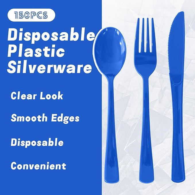 150 Pack Disposable Plastic Silverware, Heavy Duty Blue Plastic Cutlery Set Includes 50 Forks 50 Knives 50 Spoons for Birthday Wedding Party Picnics (150, Blue)