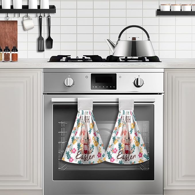 Easter Bunny Hanging Dish Towels 2 Pcs Easter Rabbit Soft Hand Tie Towels Spring Floral Kitchen Towel with Hanging Loop for Bathroom Kitchen Home Decor