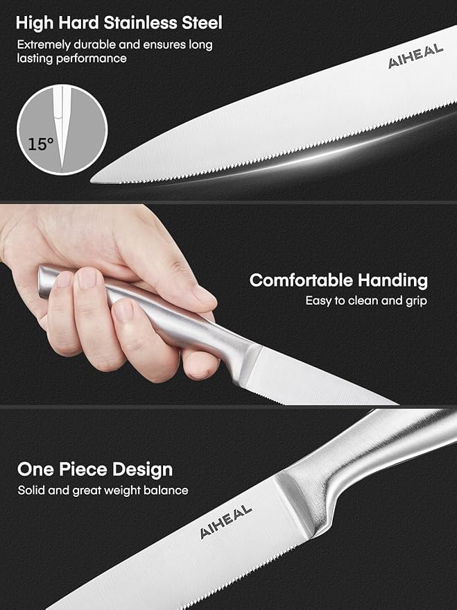 Aiheal Steak Knives Set of 8 with Clear Acrylic Stand, Stainless Steel Steak Knife Set, Sharp Micro-Serrated Steak Knives, Easy to Store