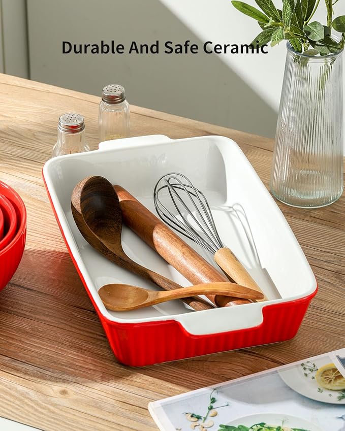 Hasense Ceramic Baking Dishes, Casserole Dishes for Oven, Rectangular Lasagna Pans Deep, 9 x 13 Inches Baking Pan with Handle, Easy to Clean, Mother's Day & Christmas Gift, Red