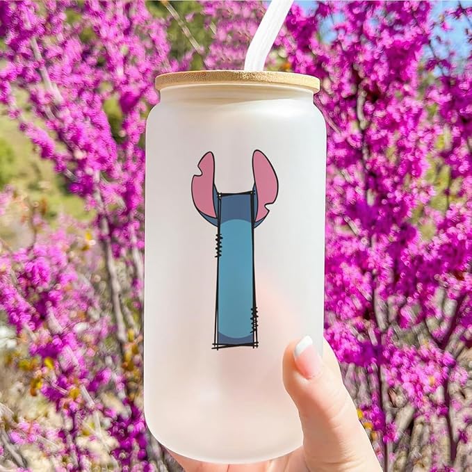 Cute Cartoon Lover Gifts Initial A-Z Personalized Iced Coffee Cup Cartoon Merch 16oz Glass Cup with Lid and Straws Birthday Christmas Gifts for Women Teen Girls Fans (Letter I)