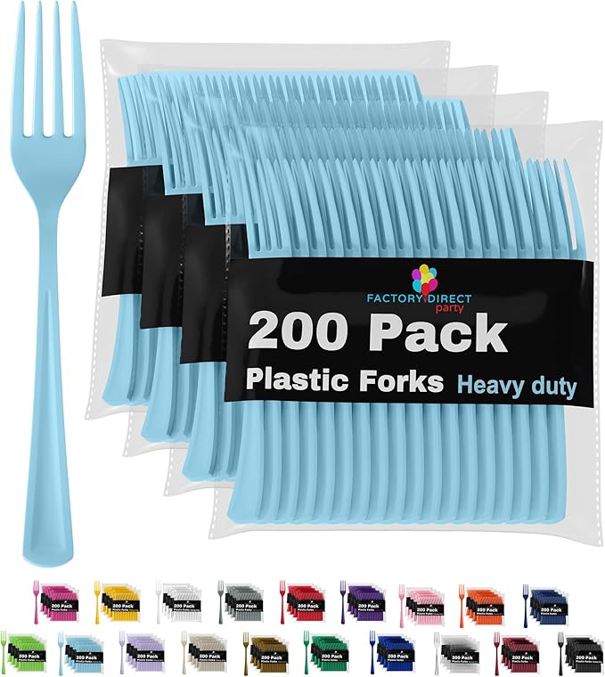 Party Solids Light Blue Plastic Forks 200 Pcs Light Blue Forks Disposable Utensils Heavy Duty Plastic Cutlery Set Disposable Cutlery Sets Flatware Sets Silverware Set Party Supplies & Party Tableware