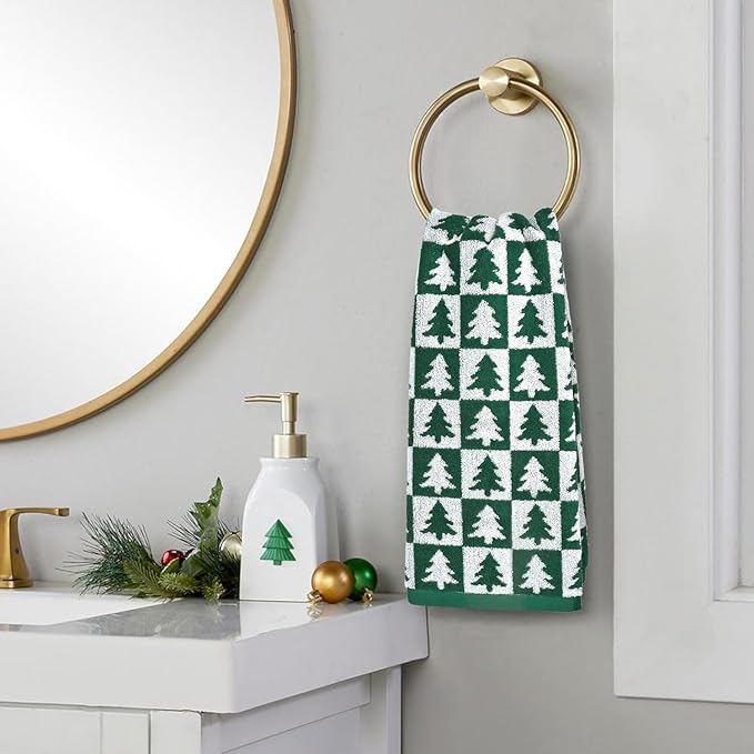 Jacquotha Christmas Hand Towels Set - 4-Piece Green Checkered & Tree Towels for Bathroom Kitchen Decor, Holiday Winter Cheer, Cotton, 13” x 29”