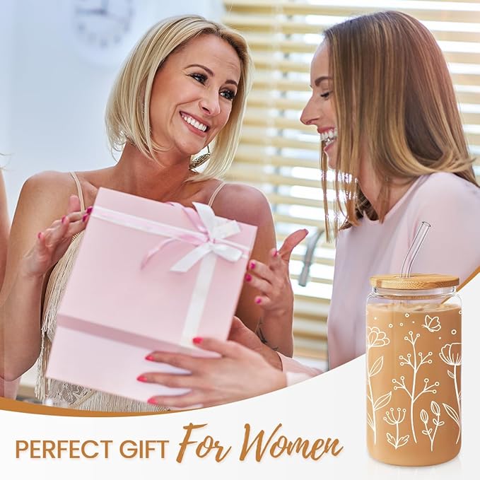 SANDJEST Floral Cup 16 Oz Can Glass with Bamboo Lid and Straw - Flower Glass Cup Gifts for Women - Wildflower Drinking Coffee Gifts