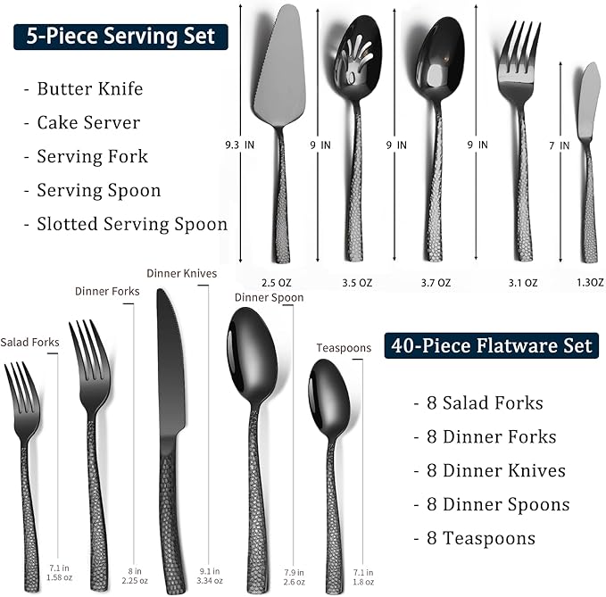 45-Piece Silverware Set with Serving Utensils Set, Black Hammered Stainless Steel Flatware for 8, Food-Grade Tableware, Including Fork, Knife, Spoon Set, Home Kitchen Cutlery, Dishwasher Safe