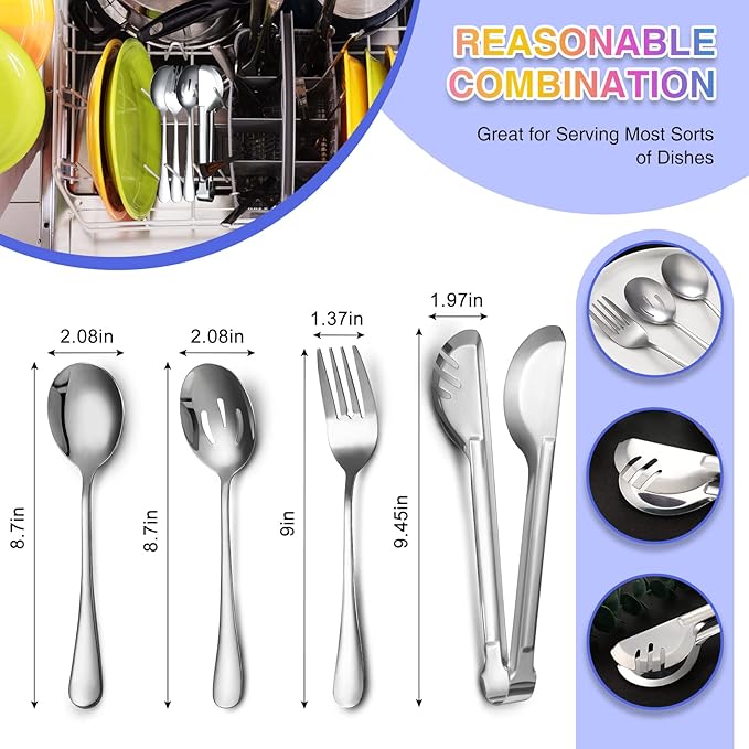 Patelai 15 Pieces Christmas Stainless Steel Silver Serving Utensils Set 8.7" Large Spoons and Slotted Spoon 9.45" Tong 9" Forks Flatware Wedding Party Buffet Banquet Cooking Kitchen Catering