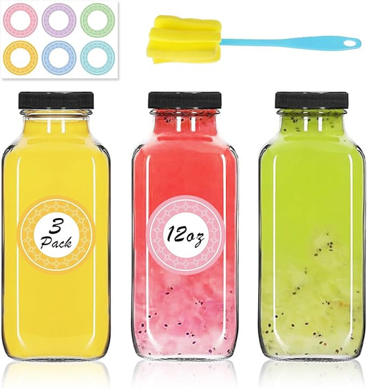 3 Pack 12oz Glass Water Bottles, 350ml Empty Glass Juice Bottles with Black Lids, Brush & Labels, Clear Reusable Drinking Jars for Juicing, Homemade Smoothies, Beverages