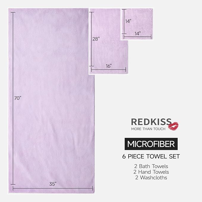REDKISS Bath Towels Set of 6 - Oversized Bath Sheets (70 x35 in), 670GSM Ultra Soft & Highly Absorbent, Quick Dry Purple Towel Sets for Bathroom, Spa, Hotel, Gym