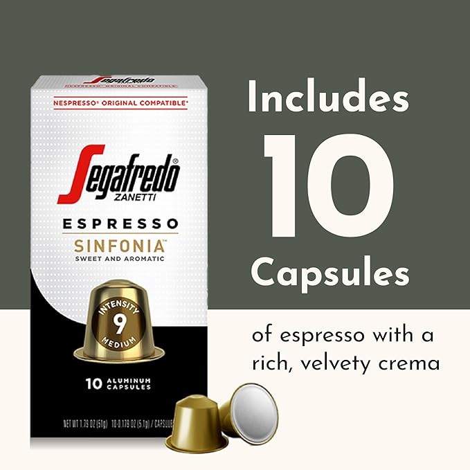 Segafredo Zanetti Espresso Capsules – Aluminum Pods for Nespresso Original Machines – Medium Roast Premium Espresso with a Sweet Aroma – Subtle, Intensity 9 – Sinfonia, 10 Count