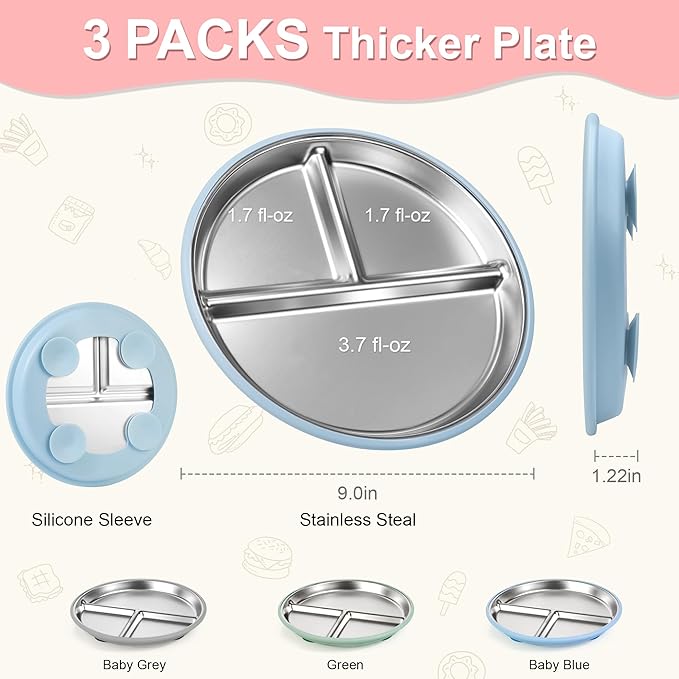 Stainless Steel Toddler Plates Silicone Suction,3 Packs Non-Slip Baby Plates,Divided Portion,Food-Grade Silicone Plate for Kids,LEAD-FREE Dishwasher Safe,Blue Mint Green Grey
