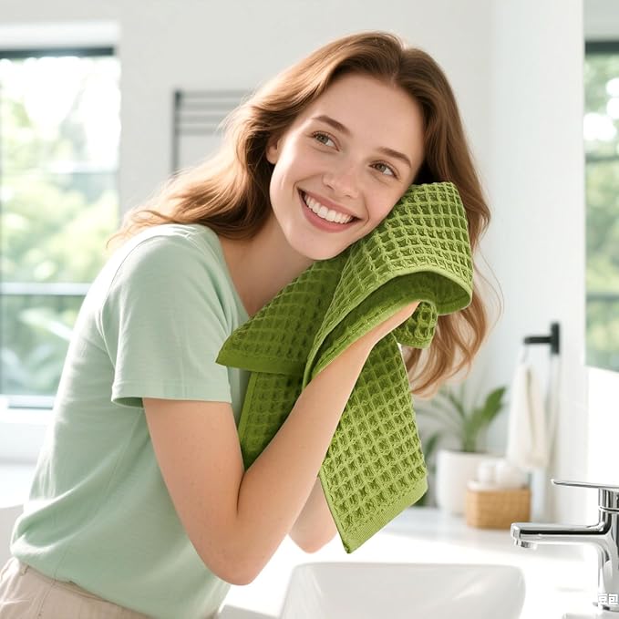 Jacquotha Waffle Hand Towel Set (5 Colors) – Cotton Soft Lint-Free Quick Drying Towels for Family, Bathroom, Gym, Spa, Kitchen, 13” x 29”