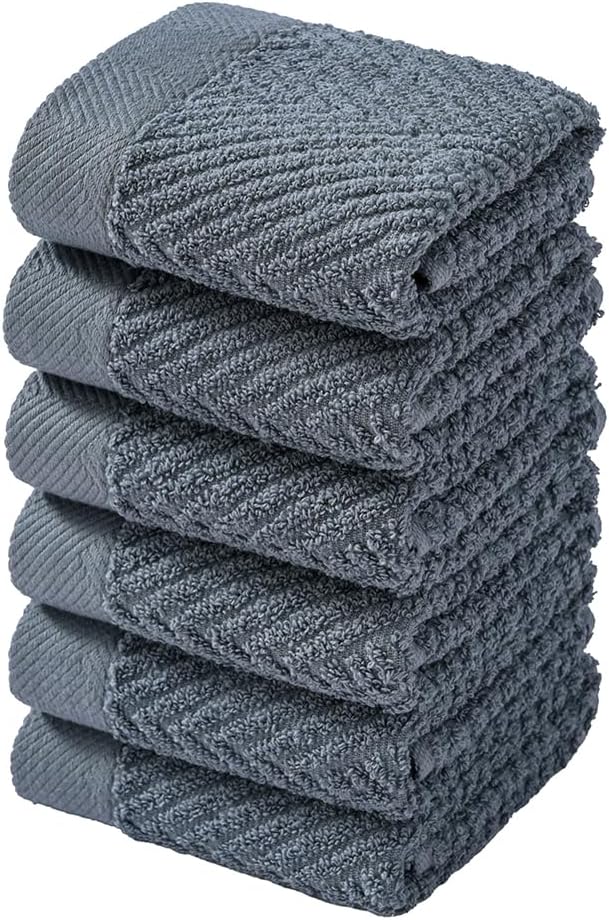 sense gnosis Grey Herringbone Washcloth Set of 6 Premium 100% Cotton Striped Weave Ultra Soft Highly Absorbent Washclothes for Kitchen Home Bathroom 13 X 13 Inch