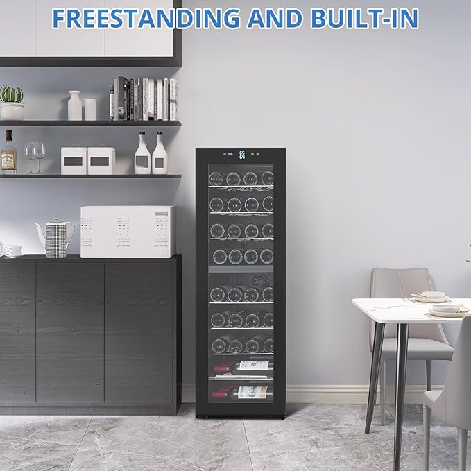 32 Bottle Wine Cooler Refrigerator, Freestanding Small Wine Fridge with Glass Door, Digital LED Temperature Control, Quiet Compressor Beverage Cooler, 41-64°F, for Red, White, Champagne