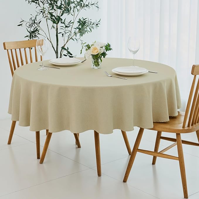 maxmill Round Linen Textured Tablecloth Spill-Proof Stainproof Wrinkle Free Washable Fabric Table Cloth for Circular Table Cover, Dining Room Buffet Banquet Parties Holiday Dinner, 70 Inch Beige