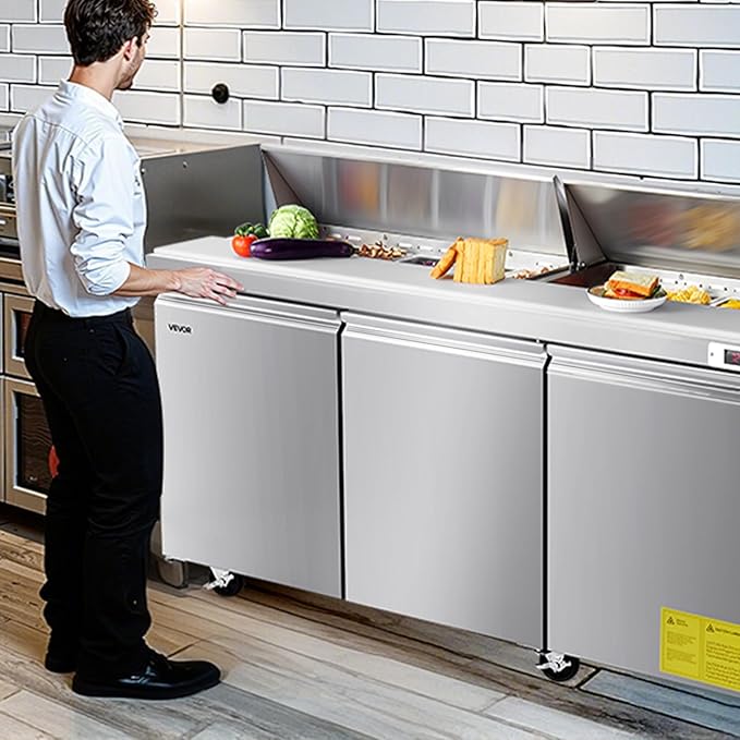 VEVOR 72"W Commercial Refrigerator, 18.7 Cu. Ft Sandwich Prep Refrigerated Table, Mega Top Food Prep Fridge with 18 Pans and Cutting Board, Stainless Steel Salad Prep Cooler for Restaurant, Food Truck