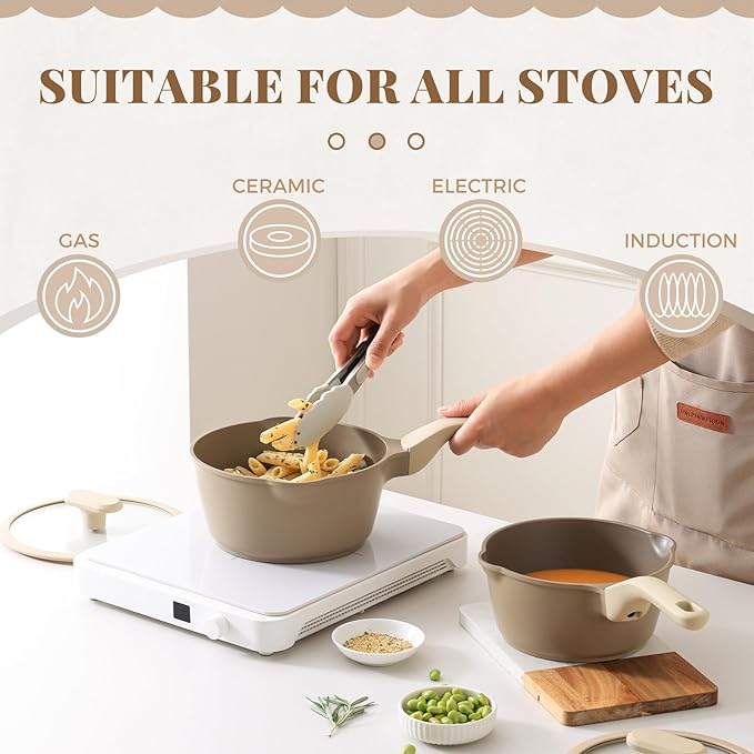 PRICUSIS Nonstick Saucepan with Lid, 2.7 Quart Sauce Pan, Healthy Sauce Pot with Pour Spouts for Multipurpose Use, PTFE, PFOA Free, Induction Compatible, Apricot