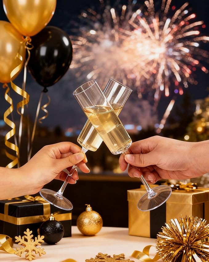 Ciaell 24 Pack Plastic Champagne Flutes - Clear 6 Oz Disposable Champagne Glasses - Square Plastic Toasting Glasses for Party Birthday Anniversary Wedding Christmas New Year