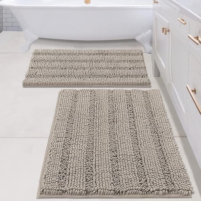 H.VERSAILTEX 2 Piece Bathroom Set - Super Absorbent Chenille Striped Bath Mats, Non Skid, Machine Washable (Taupe, 24 x 36 Plus 20 x 32 Inches)