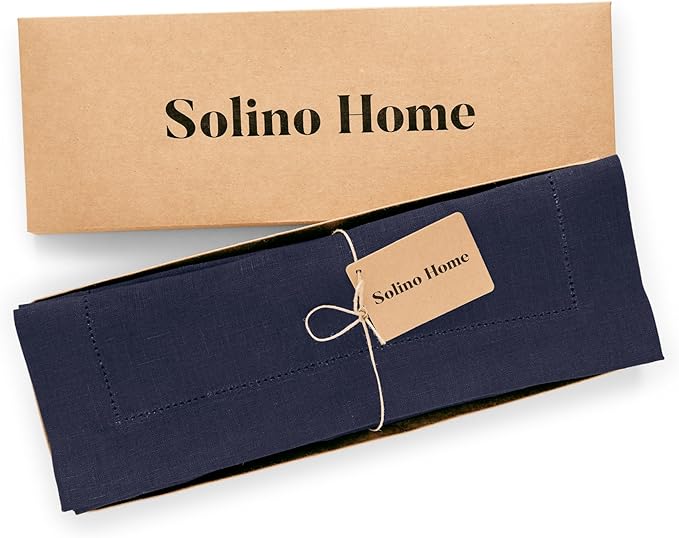 Solino Home Linen Placemats Set of 4 - Medium Weight Hemstitch Navy Blue Placemats 14 x 19 Inch - 100% Pure Linen Table Place Mats for Winter, New Year