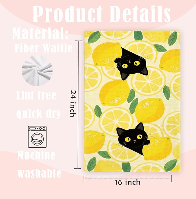 Yellow Lemon Black Cat Gifts Kitchen Dish Towels Set of 2, Farmhouse Summer Fruit Decorative Hand Towels for Bathroom, Cat Lovers Mom Gifts Dish Tea Towel for Kitchen Bathroom, 16x24 Inch