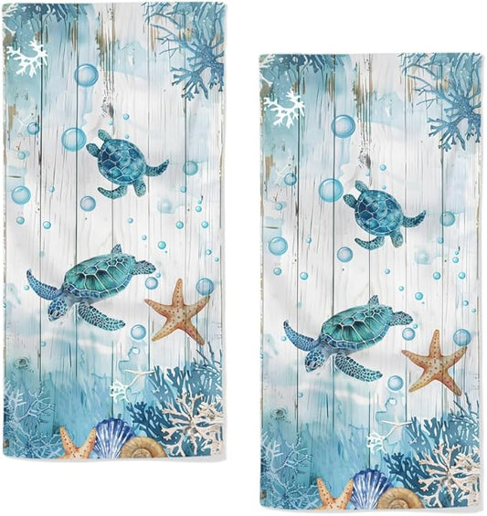 Sea Turtle Hand Towels Set of 2 Breathable Ocean Beach Hand Towels Highly Absorbent Tropical Coastal Bath Towels for Gym Hotel Decorative Summer Kitchen Towels 28.7x13.7 Inc